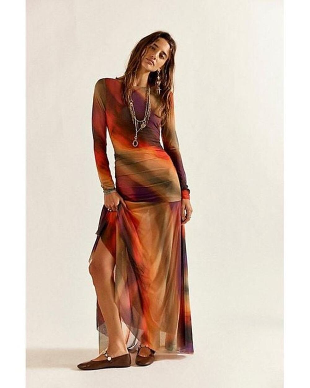 New FREE PEOPLE Sunnei Mesh Maxi Dress $168 X-LARGE Sunset Combo Ruched